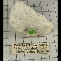 Mineral Specimen: Pargasite on Marble from Aliabad, Hunza Valley, Pakistan Mineral Specimen: Pargasite on Marble from Aliabad, Hunza Valley, Pakistan