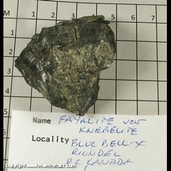 Minerals Specimen: Fayalite-Tephorite series variety: Knebleite from Bluebell Mine, Riondel, Slocan Mining Division, British Columbia, Canada Minerals Specimen: Fayalite-Tephorite series variety: Knebleite from Bluebell Mine, Riondel, Slocan Mining Division, British Columbia, Canada
