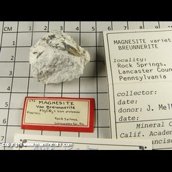 Mineral Specimen: Magnesite variety: Breunnerite (Ferroan Magnesite) from Rock Springs, Lancaster Co, Pennsylvania Mineral Specimen: Magnesite variety: Breunnerite (Ferroan Magnesite) from Rock Springs, Lancaster Co, Pennsylvania