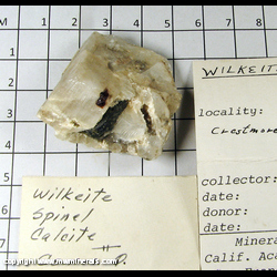 Mineral Specimen: Fluorellestadite variety: Wileite, Spinel, Calcite from Commercial Quarry, Crestmore, Riverside Co, California Mineral Specimen: Fluorellestadite variety: Wileite, Spinel, Calcite from Commercial Quarry, Crestmore, Riverside Co, California