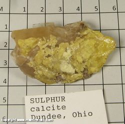 Mineral Specimen: Sulfur on Calcite from Dundee, Tuscarawas Co, Ohio Mineral Specimen: Sulfur on Calcite from Dundee, Tuscarawas Co, Ohio