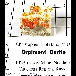 Mineral Specimen: Orpiment on Barite (some bruising) from El'brusskiy Arsenic mine, Elbrus Mt, Kabardino-Balkarian Republic, Northern Caucasus Region, Russia