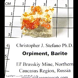 Mineral Specimen: Orpiment on Barite (some bruising) from El'brusskiy Arsenic mine, Elbrus Mt, Kabardino-Balkarian Republic, Northern Caucasus Region, Russia Mineral Specimen: Orpiment on Barite (some bruising) from El'brusskiy Arsenic mine, Elbrus Mt, Kabardino-Balkarian Republic, Northern Caucasus Region, Russia