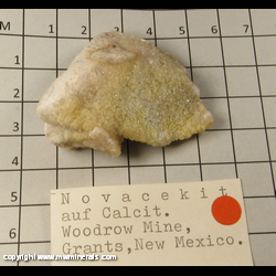 Minerals Specimen: Novacekite-I on Calcite from Woodrow Mine, Laguna District, Cibola Co., New Mexico Minerals Specimen: Novacekite-I on Calcite from Woodrow Mine, Laguna District, Cibola Co., New Mexico