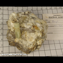 Mineral Specimen: Beryl from Mt. Tom prospects, Moodus, East Haddam, Middlesex Co., Connecticut Mineral Specimen: Beryl from Mt. Tom prospects, Moodus, East Haddam, Middlesex Co., Connecticut