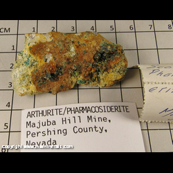 Minerals Specimen: Arthurite, Pharmacosiderite from Majuba Hill Mine, Pershing Co, Nevada Minerals Specimen: Arthurite, Pharmacosiderite from Majuba Hill Mine, Pershing Co, Nevada