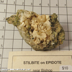 Minerals Specimen: Stilbite on Epidote from Near Bishop, Inyo Mountains, Inyo Co., California Minerals Specimen: Stilbite on Epidote from Near Bishop, Inyo Mountains, Inyo Co., California