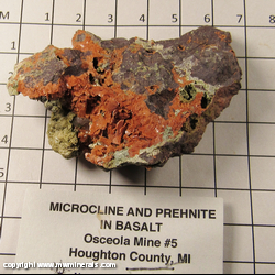 Mineral Specimen: Microcline and Prehnite in Basalt from Osceola #5 Mine, Osceola, Houghton Co., Michigan Mineral Specimen: Microcline and Prehnite in Basalt from Osceola #5 Mine, Osceola, Houghton Co., Michigan