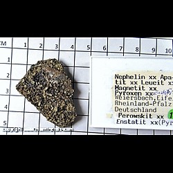 Mineral Specimen: Nepheline, Apatite, Magnetite, Perovskite and Enstatite crystals from Weirsbach, Eifel, Rheinland-Pfalz, Germany Mineral Specimen: Nepheline, Apatite, Magnetite, Perovskite and Enstatite crystals from Weirsbach, Eifel, Rheinland-Pfalz, Germany