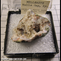 Minerals Specimen: Millerite, Chalcopyrite, Quartz from Halls Gap, Lincoln Co, Kentucky Minerals Specimen: Millerite, Chalcopyrite, Quartz from Halls Gap, Lincoln Co, Kentucky