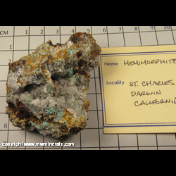 Minerals Specimen: Hemimorphite from St. Charles Mine, Inyo Co., California Minerals Specimen: Hemimorphite from St. Charles Mine, Inyo Co., California