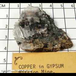 Mineral Specimen: Copper (oxidized) Included in Selenite from Old Mission Mine, Pima Co, Arizona Mineral Specimen: Copper (oxidized) Included in Selenite from Old Mission Mine, Pima Co, Arizona