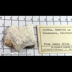 Mineral Specimen: Huntite on Marble from Crestmore Quarries, Crestmore, Riverside County, California Mineral Specimen: Huntite on Marble from Crestmore Quarries, Crestmore, Riverside County, California