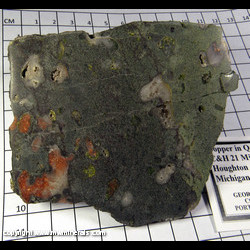 Mineral Specimen: Copper Included in Quartz, Epidote, Basalt from C&H 21 Mine, Calumet area, Houghton Co., Michigan Mineral Specimen: Copper Included in Quartz, Epidote, Basalt from C&H 21 Mine, Calumet area, Houghton Co., Michigan
