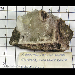 Mineral Specimen: Apophyllite, Calcite, Quartz, minor Chalcopyrite from Paterson, Passaic Co., New Jersey Mineral Specimen: Apophyllite, Calcite, Quartz, minor Chalcopyrite from Paterson, Passaic Co., New Jersey