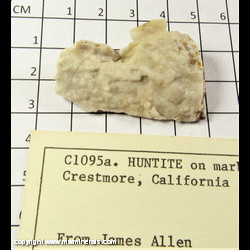 Mineral Specimen: Huntite on Marble from Crestmore Quarries, Crestmore, Riverside County, California Mineral Specimen: Huntite on Marble from Crestmore Quarries, Crestmore, Riverside County, California