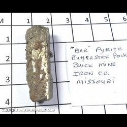 Mineral Specimen: Pyrite varierty: Bar from Butterstick Pocket, 1250 foot level, Buick Mine, Iron Co., Missouri