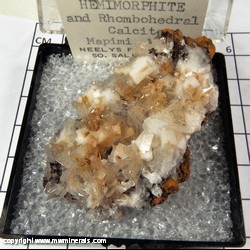 Mineral Specimen: Hemimorphite, Calcite from Mapimi, Durango, Mexico Mineral Specimen: Hemimorphite, Calcite from Mapimi, Durango, Mexico