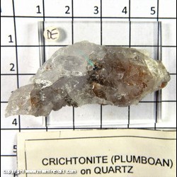 Mineral Specimen: Crichtonite (Plumbian) on Quartz from Presidente Kubitschek, Minas Gerais, Brazil Mineral Specimen: Crichtonite (Plumbian) on Quartz from Presidente Kubitschek, Minas Gerais, Brazil