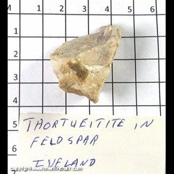 Mineral Specimen: Thortveitite (thin, gray/green), Feldspar from Iveland, Agder, Norway