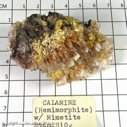 Mineral Specimen: Hemimorphite (Calamine), Mimetite, Calcite from Mina Ojuela, Mapimi, Durango, Mexico