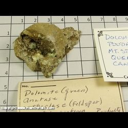Minerals Specimen: Dolomite (green), Anatase, Orthclase from Poudrette Quarry, Mont Saint-Hilaire, Rouville RCM, Monteregie, Quebec, Canada Minerals Specimen: Dolomite (green), Anatase, Orthclase from Poudrette Quarry, Mont Saint-Hilaire, Rouville RCM, Monteregie, Quebec, Canada