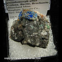 Mineral Specimen: Linarite and Brochantite on Cerussite pseudomorph after Galena, Barite from Blanchard Mine, Bingham, Socorro Co., New Mexico Ex. Hoisington collection Mineral Specimen: Linarite and Brochantite on Cerussite pseudomorph after Galena, Barite from Blanchard Mine, Bingham, Socorro Co., New Mexico Ex. Hoisington collection