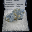 Mineral Specimen: Fluorellestadite in blue Calcite from Crestmore Quarries, Crestmore, Riverside County, California, Collected by J. Seibel Mineral Specimen: Fluorellestadite in blue Calcite from Crestmore Quarries, Crestmore, Riverside County, California, Collected by J. Seibel