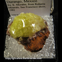Mineral Specimen: Adamite - strong SW Fluorescent from Mina Ojuela, Mapimi, Durango, Mexico, Ex. E. Morales, from Roberts Minerals, San Francisco show, 1982 Mineral Specimen: Adamite - strong SW Fluorescent from Mina Ojuela, Mapimi, Durango, Mexico, Ex. E. Morales, from Roberts Minerals, San Francisco show, 1982