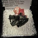 Mineral Specimen: Tetrahedrite, Rhodochrosite, Quartz from Corner Pocket, Watercourse Rise, Watercourse Extension Drift, Sweet Home Mine, Alma District, Park Co., Colorado, September, 1994 Mineral Specimen: Tetrahedrite, Rhodochrosite, Quartz from Corner Pocket, Watercourse Rise, Watercourse Extension Drift, Sweet Home Mine, Alma District, Park Co., Colorado, September, 1994