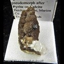 Mineral Specimen: Sphalerite pseudomorph after octahedral Pyrite, two generations of Calcite from Pershing mine, Knoxville, Marion Co., Iowa, Ex. Norm Woods Mineral Specimen: Sphalerite pseudomorph after octahedral Pyrite, two generations of Calcite from Pershing mine, Knoxville, Marion Co., Iowa, Ex. Norm Woods