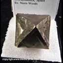 Mineral Specimen: Pyrite Octahedron from Aguablanca Mine, Monsterio, Badajoz, Extremadura, Spain, Ex. Norm Woods Mineral Specimen: Pyrite Octahedron from Aguablanca Mine, Monsterio, Badajoz, Extremadura, Spain, Ex. Norm Woods