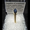 Mineral Specimen: Sapphire (Corundum) from Kashmir sapphire mines, Padar, Kishtwar district, Jammu and Kashmir, India, Ex. Steve Pullman, Ex. California Academy of Sciences, donated in 1973 Mineral Specimen: Sapphire (Corundum) from Kashmir sapphire mines, Padar, Kishtwar district, Jammu and Kashmir, India, Ex. Steve Pullman, Ex. California Academy of Sciences, donated in 1973