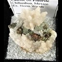 Mineral Specimen: Pyrite (iridescent) and Calcite on Fluorite from Chihuahua, Mexico, Ex. Norm Woods Mineral Specimen: Pyrite (iridescent) and Calcite on Fluorite from Chihuahua, Mexico, Ex. Norm Woods