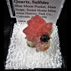 Mineral Specimen: Rhodochrosite, Quartz, Sulphides from Blue Moon Pocket, Main Stope, Sweet Home Mine, Alma District, Colorado, June, 1996 Mineral Specimen: Rhodochrosite, Quartz, Sulphides from Blue Moon Pocket, Main Stope, Sweet Home Mine, Alma District, Colorado, June, 1996