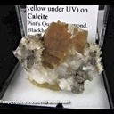 Mineral Specimen: Fluorite (fluoresces yellow under UV), Calcite from Pint's Quarry, Raymond, Blackhawk Co., Iowa, Ex. Norm Woods Mineral Specimen: Fluorite (fluoresces yellow under UV), Calcite from Pint's Quarry, Raymond, Blackhawk Co., Iowa, Ex. Norm Woods