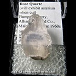 Mineral Specimen: Rose Quartz (will exhibit asterism when cut) from Bumpus Quarry, Albany, Oxford Co., Maine, A. Bohne 1960s Mineral Specimen: Rose Quartz (will exhibit asterism when cut) from Bumpus Quarry, Albany, Oxford Co., Maine, A. Bohne 1960s