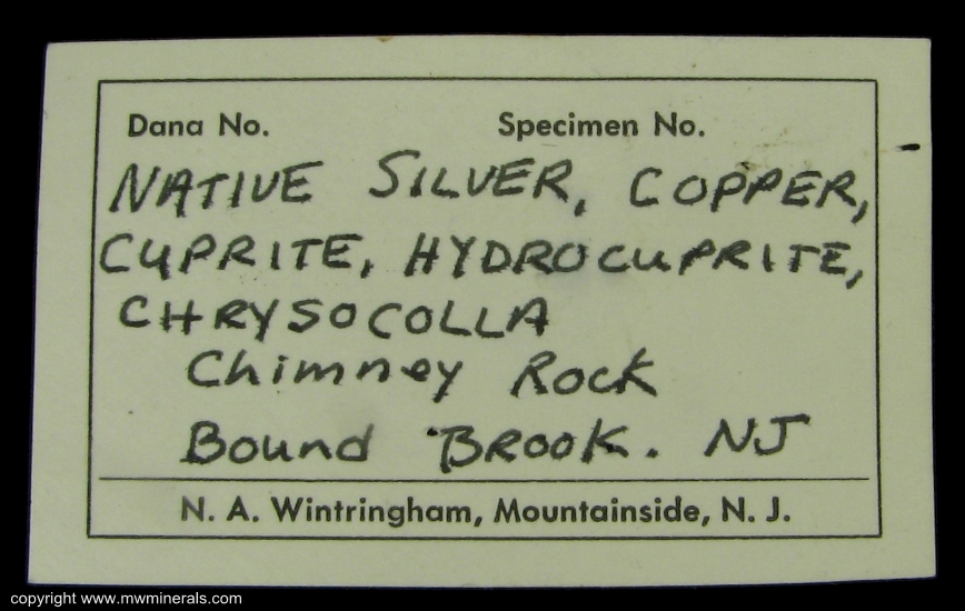 Mineral Specimen: Native Copper and Silver with Cuprite and Chrysocolla from Chimney Rock Quarry (Houdaille Industries Quarry; The Bound Brook Quarry; Stavola Industries Quarry), Bridgewater Township, Somerset Co., New Jersey, USA