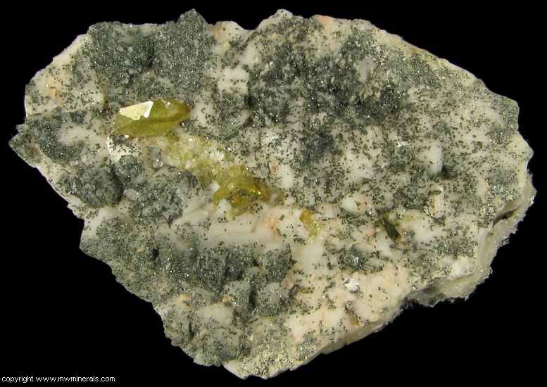 Mineral Specimen: Titanite Twin and Chlorite on Adularia from Warren Brothers Quarry, Acushnet, Bristol Co., Massachusetts, USA