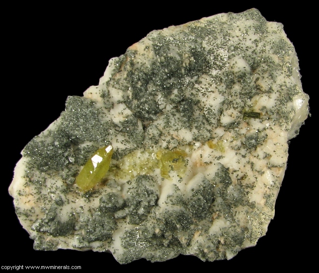Mineral Specimen: Titanite Twin and Chlorite on Adularia from Warren Brothers Quarry, Acushnet, Bristol Co., Massachusetts, USA
