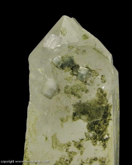 Mineral Specimen: Fluorapatite on Quartz with Unidentified Green Mineral from Panasqueira Mines, Panasqueira, Covilha, Castelo Branco District, Portugal