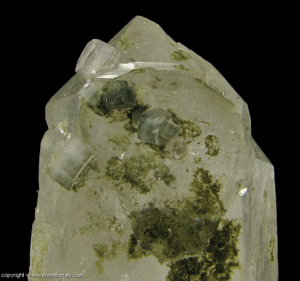 Mineral Specimen: Fluorapatite on Quartz with Unidentified Green Mineral from Panasqueira Mines, Panasqueira, Covilha, Castelo Branco District, Portugal