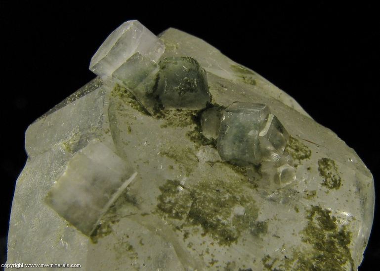 Mineral Specimen: Fluorapatite on Quartz with Unidentified Green Mineral from Panasqueira Mines, Panasqueira, Covilha, Castelo Branco District, Portugal