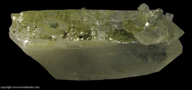 Mineral Specimen: Fluorapatite on Quartz with Unidentified Green Mineral from Panasqueira Mines, Panasqueira, Covilha, Castelo Branco District, Portugal