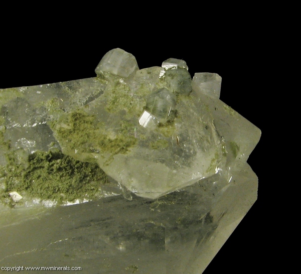 Mineral Specimen: Fluorapatite on Quartz with Unidentified Green Mineral from Panasqueira Mines, Panasqueira, Covilha, Castelo Branco District, Portugal