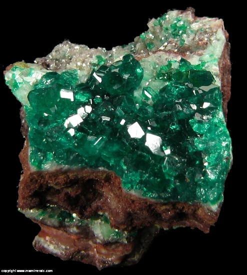 Mineral Specimen: Dioptase on Calcite from Table Mountain Mine, Table Mountain, Rattlesnake District, Galiuro Mts, Graham Co., Arizona, USA