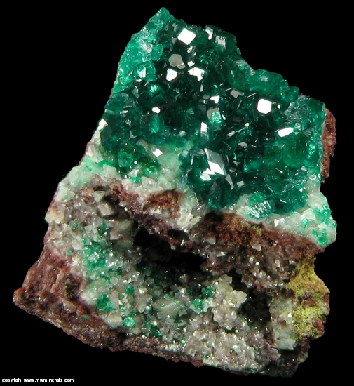 Mineral Specimen: Dioptase on Calcite from Table Mountain Mine, Table Mountain, Rattlesnake District, Galiuro Mts, Graham Co., Arizona, USA