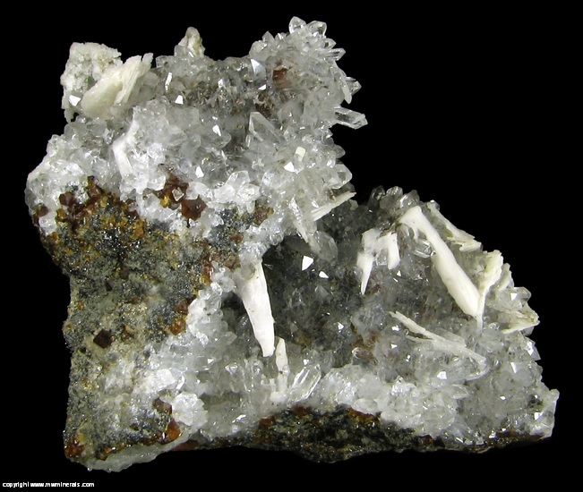 Mineral Specimen: Barite on Quartz over Andradite Garnet and Sphalerite from El Mochito Mine, El Mocho, Santa Barbara Department, Honduras