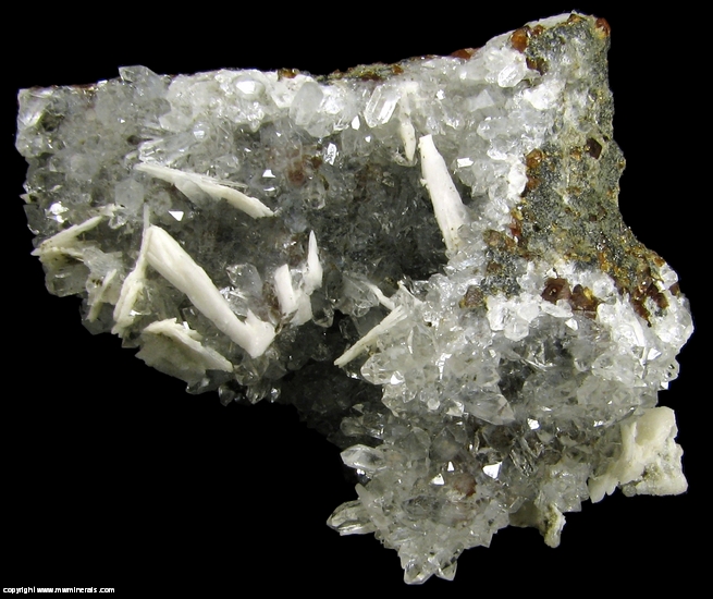 Mineral Specimen: Barite on Quartz over Andradite Garnet and Sphalerite from El Mochito Mine, El Mocho, Santa Barbara Department, Honduras
