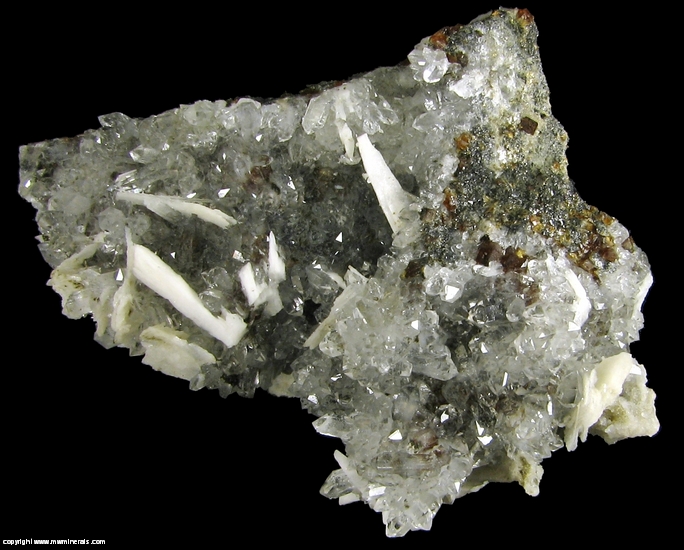 Mineral Specimen: Barite on Quartz over Andradite Garnet and Sphalerite from El Mochito Mine, El Mocho, Santa Barbara Department, Honduras